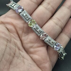 Multicolor Crystal Link Bracelet in Silver Tone